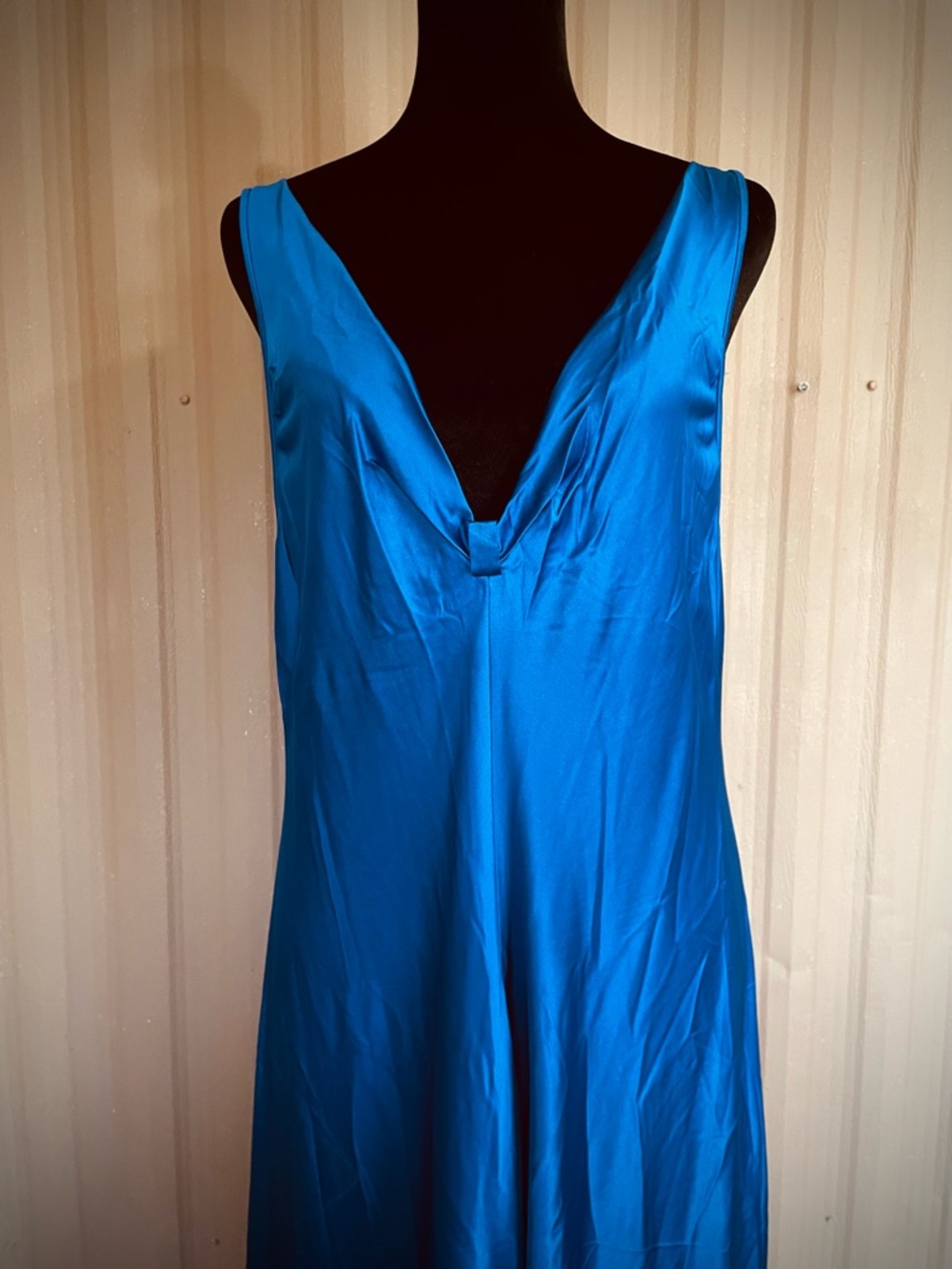 VTG Vanity Fair Deep V Slip Maxi Dress Nightgown Royal Blue USA Slit Glam L